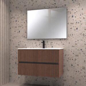 Mobile da bagno sospeso Belfast con due cassetti colore noce effetto cannettato